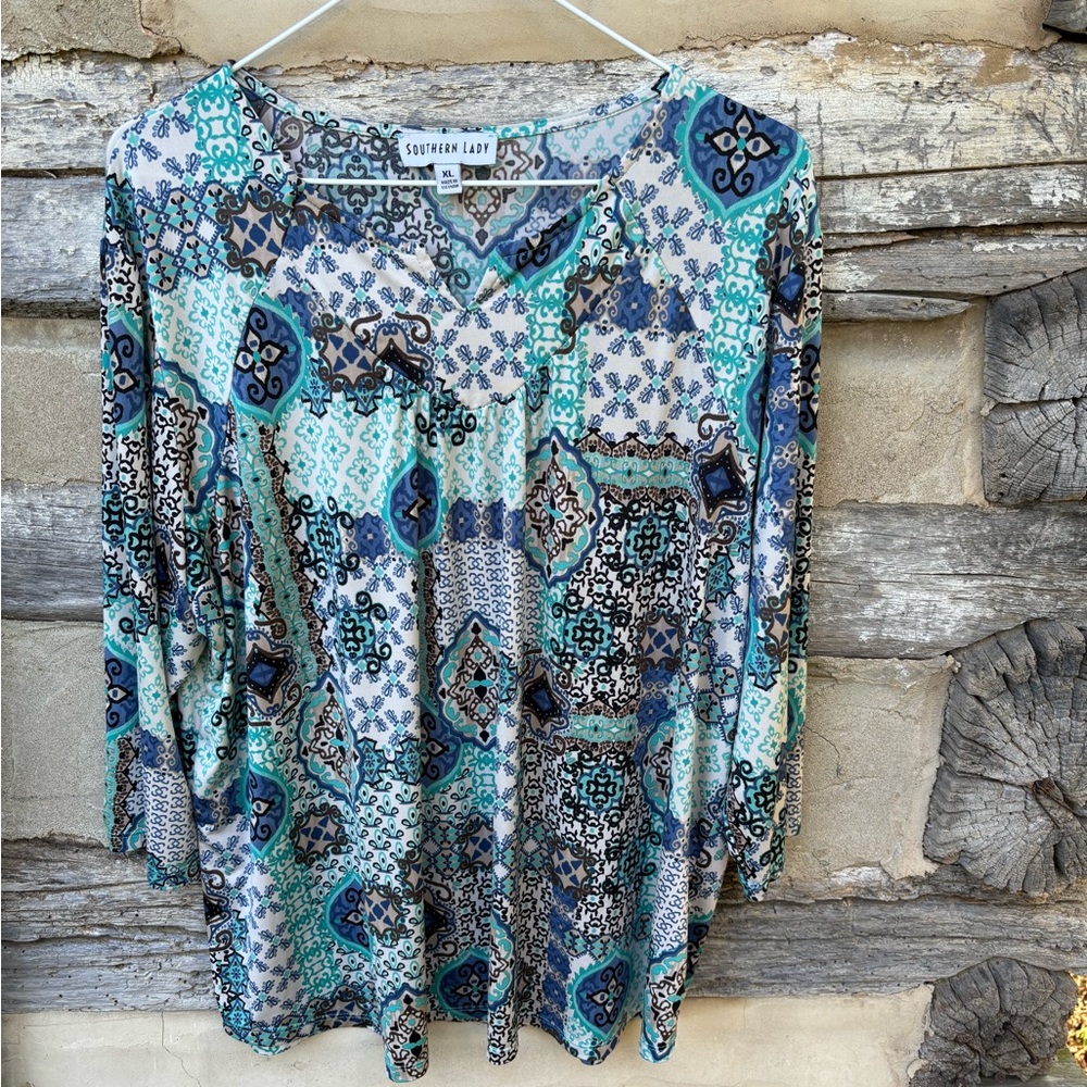Southern Lady Teal and Navy Patterned Blouse Size XL